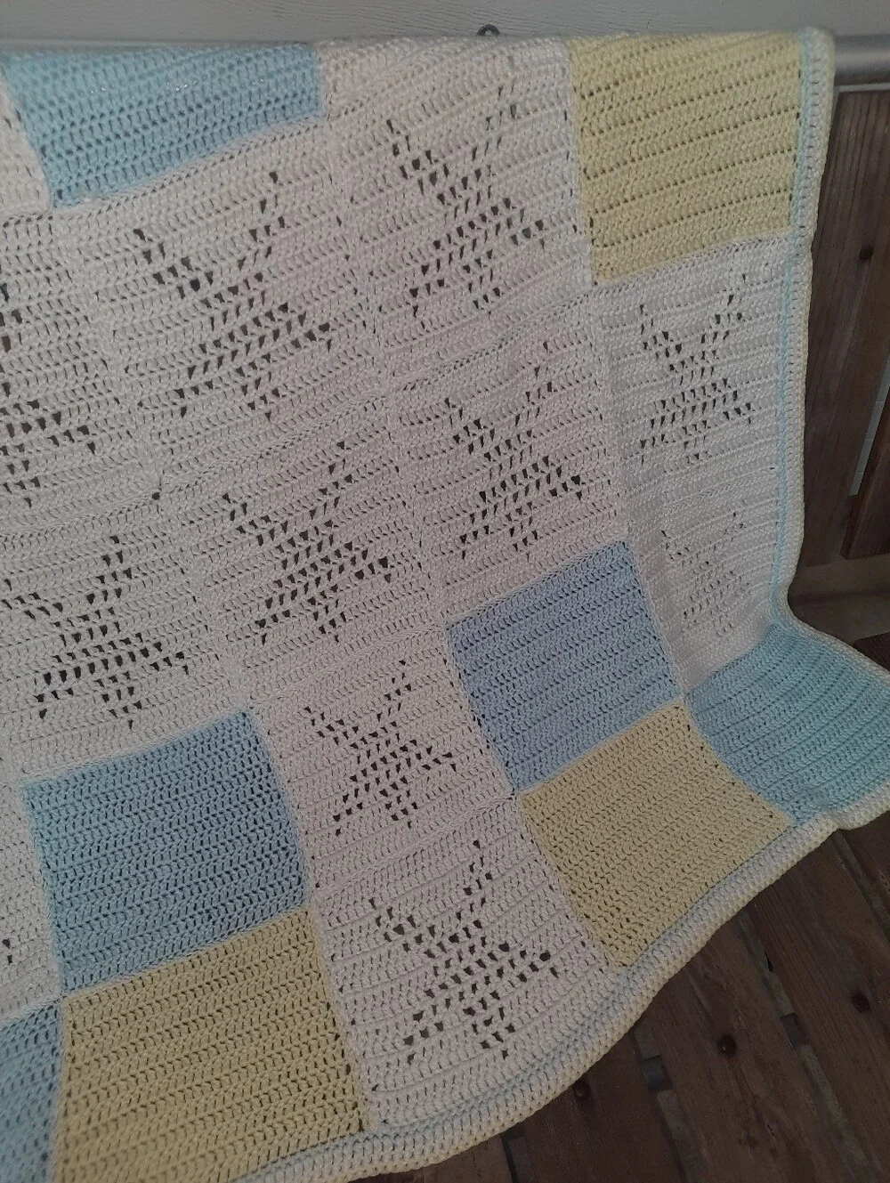 Handmade Crochet Star Baby Blanket in White, Blue & Yellow